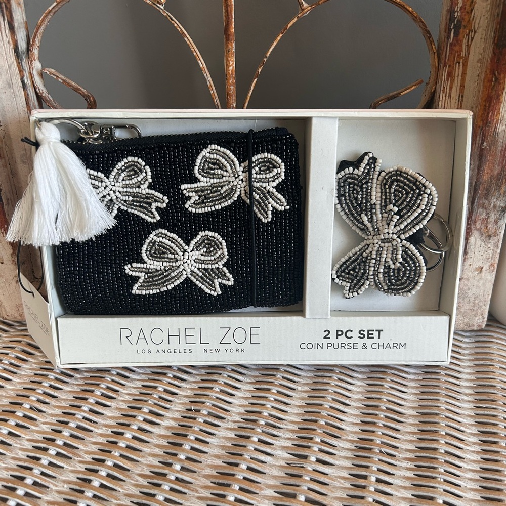Rachel Zoe black beaded coin purse silver bows beaded bow keychain charm.